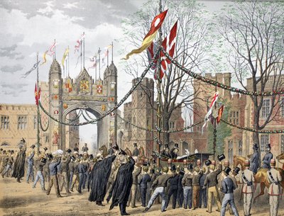 Escolas de Eton e Arco do Menino - Visita paga por sua Alteza Real a Princesa da Dinamarca, de "Um Memorial do Casamento de Eduardo VII e Alexandra da Dinamarca", pub. 1864 (cromolito) de Robert Charles Dudley