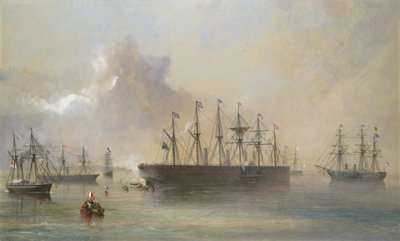 A Frota de Cabo Telegráfico do Atlântico Montada em Berehaven, Costa Sudoeste da Irlanda..., 1866. de Robert Charles Dudley