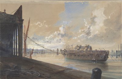 O cabo passou das obras para o Hulk a velha fragata Iris no Tâmisa..., 1865-66 de Robert Charles Dudley