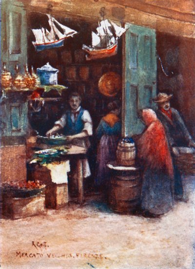 Uma loja de cozinha no Mercato Vecchio, antes da sua demolição em 1884 (litografia a cores) de Robert Charles Goff