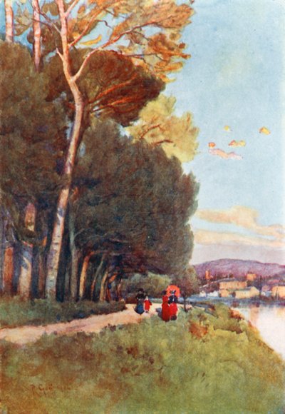 Um passeio favorito ao longo do rio na Cascina (litografia a cores) de Robert Charles Goff