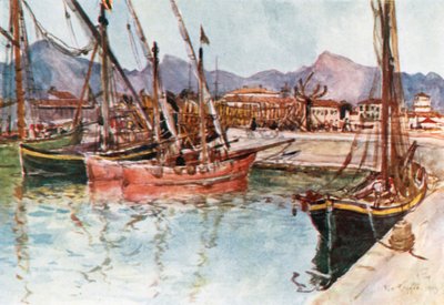 Embarcações costeiras no porto de Viareggio (litografia a cores) de Robert Charles Goff
