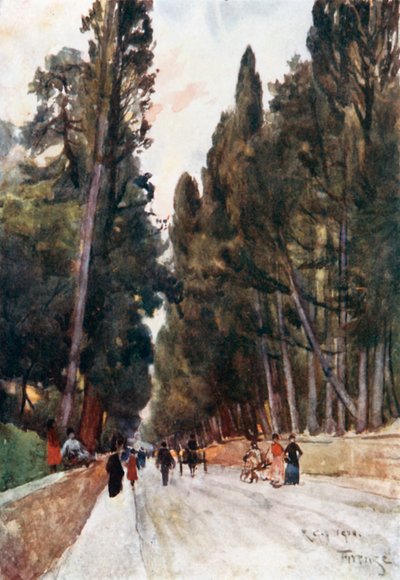 Vista da avenida dos ciprestes de Poggio Imperiale, na estrada para Arcetri (litografia a cores) de Robert Charles Goff
