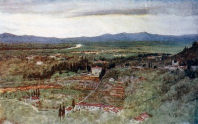 As planícies verdes da Toscana e o Arno sinuoso (litografia a cores) de Robert Charles Goff