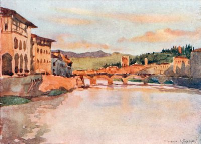 Vista para leste da Ponte Vecchio ao pôr do sol, com a colina de S Miniato e a Ponte Alle Grazie (litografia a cores) de Robert Charles Goff