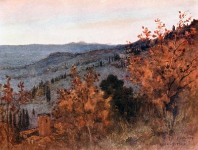 Vista sobre as colinas da Toscana, a partir da "Torre Rossa", Fiesole (litografia a cores) de Robert Charles Goff