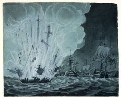 Navio, a explodir, na batalha do Nilo (desenho a caneta, lavagem a cinzento) de Robert Cleveley