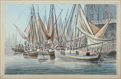 Vista do cais de Billingsgate com barcos na água, cidade de Londres, 1790. de Robert Clevely
