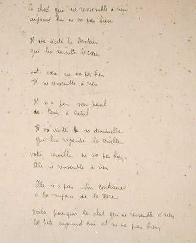 O gato que é como nada na terra, página manuscrita da coleção de poemas "La Menagerie de Tristan", de Robert Desnos. de Robert Desnos