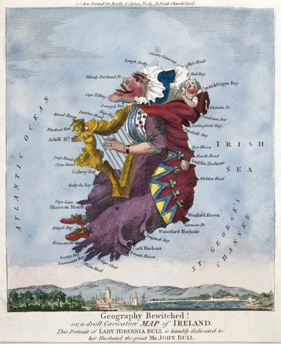 Geografia enfeitiçada! ou, um divertido mapa caricatural da Irlanda. Este retrato de Lady Hibernia Bull é humildemente dedicado ao seu marido, o grande Sr. John Bull. [ca.1796] de Robert Dighton