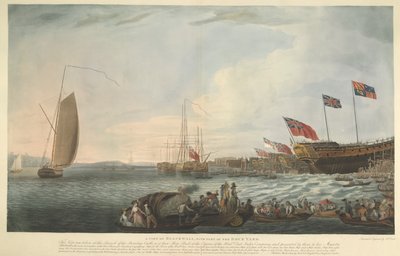 Uma Vista de Blackwall, com parte do Estaleiro, no lançamento do Castelo de Bombaim, 74 canhões, construídos a expensas do Exmo. Companhia das Índias Orientais e apresentado por eles a Sua Majestade em junho de 1782 de Robert Dodd