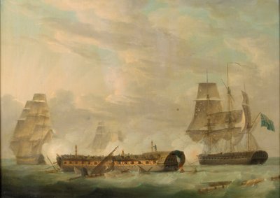 Ação no mar: uma fragata francesa completamente desmantelada, finais do século XVIII (pintura a óleo) de Robert Dodd