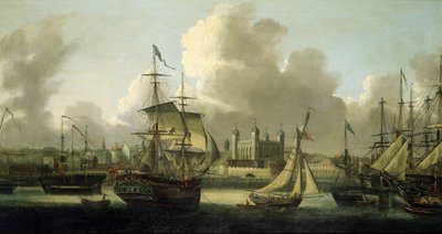 Navegação em Londres (Inglaterra), descrição da Torre de Londres à esquerda, vários barcos de todos os tamanhos ilustram a grande atividade fluvial no Tamisa de Robert Dodd