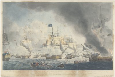 Slag bij Kamperduin (1797): nederlaag van de Bataafse vloot
A frota holandesa derrotada na Tarde de 11 de Outubro de 1797, a mostrar o Navio Bandeira do Almirante De Winter desmascarado (...) (título sobre o objecto) de Robert Dodd