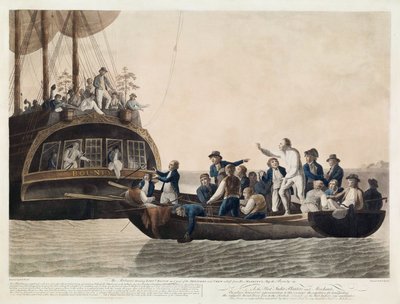 Os amotinados que transformam o tenente Bligh e parte dos oficiais e tripulação Adrift, 29 de abril de 1789, bar. 1790 de Robert Dodd