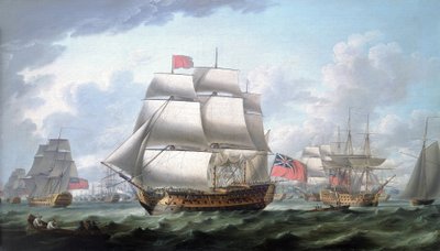 O "Victory" a sair de Spithead (Inglaterra), com o pavilhão vermelho e o pavilhão do Vice-Almirante dos Pumas, à sua direita, um triciclo identificado como "Queen Charlotte de Robert Dodd
