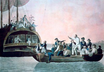 Os amotinados transformando Lieut Bligh ... e a tripulação à deriva de seu navio Majestys, o Bounty, 1790 de Robert Dodd