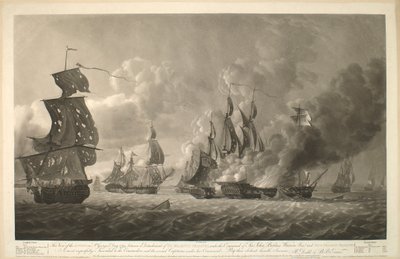Esta Vista da ACÇÃO no dia de S. Jorge de 1794, entre um Destacamento das FRIGORÍFICAS de SUA MAJESTADE, sob o Comando de Sir John Borlase Warren Bar, e QUATRO FRIGORÍFICAS FRANCESAS, é muito respeitosamente Inscrita ao Comodoro, e aos vários Capitães sob de Robert Dodd