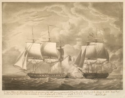 Ao Capitão Phillimore, seus Oficiais, Marinheiros e Fuzileiros, esta representação da sua hábil manobra (ao passar sob a popa do Inimigo quando este esperava que eles tomassem o medidor de tempo) pela qual a Fragata EUROTAS de Sua Majestade, trouxe o Imper de Robert Dodd