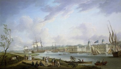 Vista de Greenwich, descrição do Tamisa e das actividades nas suas margens, bem como da navegação fluvial, sujeita à importância das marés. Óleo sobre tela de Robert Dodd