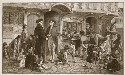 A origem das Escolas Dominicais: Hare Lane, Gloucester, 1780, ilustração de "A Igreja da Inglaterra: Uma História para o Povo" de HDM Spence-Jones, pub. c.1910 (foto sépia) de Robert Dowling