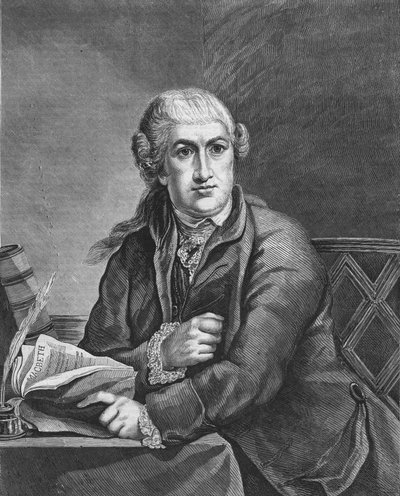 David Garrick ator britânico (1717 - 1779) estudando o papel de Macbeth de Shakespeare; gravura do século XIX, baseada na pintura de Robert-Edward Pine. Coleção Bianchetti. de Robert Edge (after) Pine
