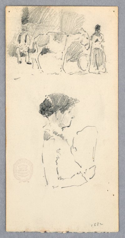 Desenho, Cena com burro e duas figuras; mulher segurando um leque, 1882 de Robert Frederick Blum