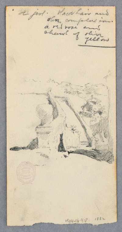 Desenho, Vista de um local elevado com vista para a cidade (frente); Mulher segurando um frasco (verso), 1882 de Robert Frederick Blum