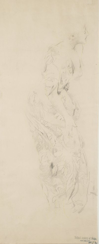 Esboço de mulher em vestido estampado de flores, possivelmente para Moods to Music mural, 1893-98 (grafite e lápis amarelo em papel de capa de chuva) de Robert Frederick Blum