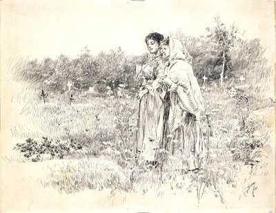 Duas raparigas de pé diante de uma sepultura de Robert Frederick Blum