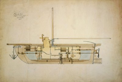 Desenho original do Nautilus, o primeiro barco submarino, apresentado pelo seu inventor Robert Fulton (1765-1815) ao Senado Americano em 1806. de Robert Fulton