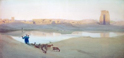 O Lago Sagrado, Karnak", c1900. Aguarela. Robert Talbot-Kelly (1861-1934) Pintor orientalista inglês de paisagens. Egito Paisagem Água Ruínas Cabra de Robert George Talbot Kelly