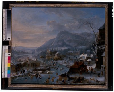 inverno: Uma paisagem de inverno gelada com camponeses de Robert Griffier