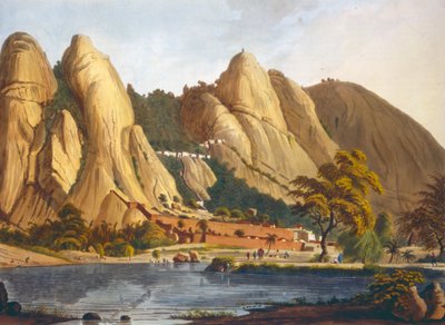 Vista sul de Sewandroog, ilustração de doze vistas de Mysore, o país de Tippoo Sultan gravado e colorido por JW Edy, publicado em 1804 (aquatint colorido) de Robert H. Colebrooke