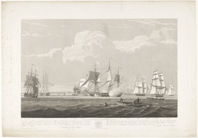 Partida de doze navios mercantes holandeses do porto de Portsmouth, 1833 (ilustração 3) Este conjunto de três placas representando a partida do porto de Portsmouth em 2 de junho de 1833 de 12 navios Nederlandsche Koopvaardy de embargo descarregados de Robert Havell (II)