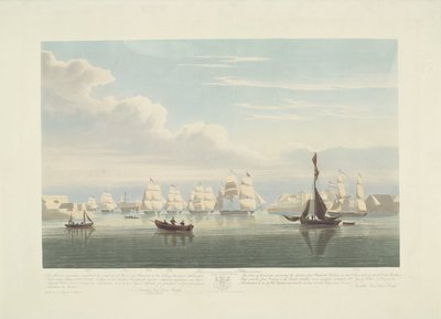 Partida de doze navios mercantes holandeses do porto de Portsmouth, 1833 (ilustração 1) Este conjunto de três placas representando a partida do porto de Portsmouth em 2 de junho de 1833 de 12 navios Nederlandsche Koopvaardy de embargo descarregados de Robert Havell (II)