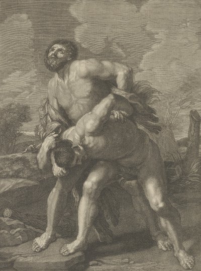 Hércules vestindo uma pele de leão e lutando contra Aqueloo, uma paisagem ao fundo, ..., ca. 1713-72. de Robert Hecquet