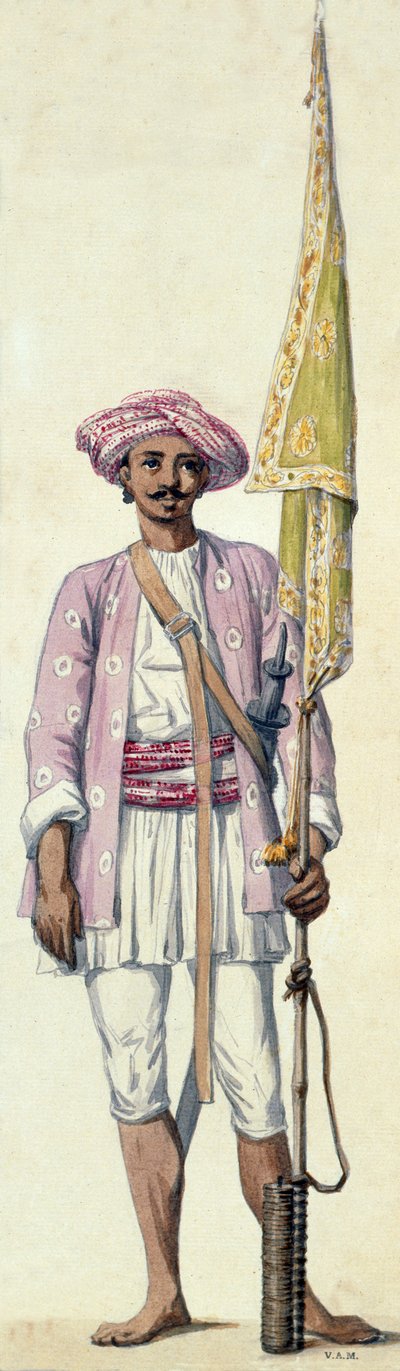 Soldado indiano (homem foguetão) do exército do Sultão Tipu, usando o seu foguetão como mastro de bandeira, Madras de Robert Home
