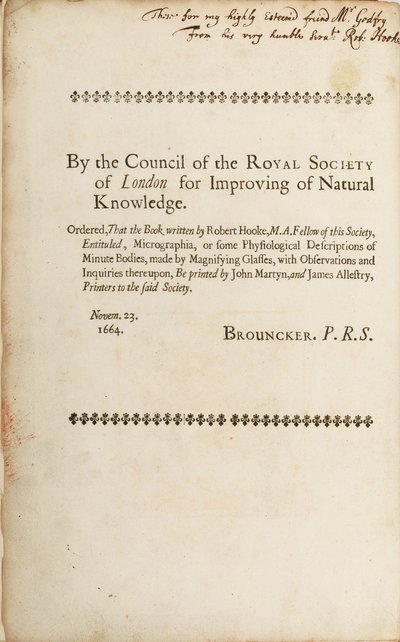 Página assinada de "Micrographia: or Some Physiological Descriptions of Minute Bodies Made by Magnifying Glasses", 1665 de Robert Hooke