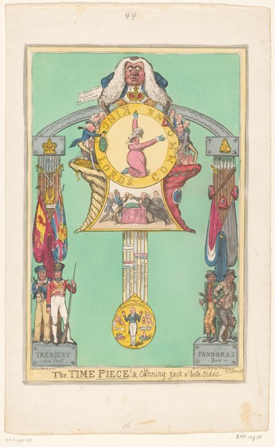 Relógio com a rainha no mostrador, 1820 A peça do tempo! e astuto Jack de ambos os lados de Robert Isaac Cruikshank