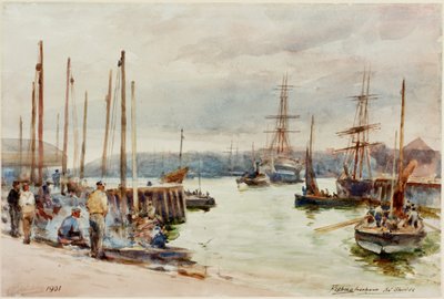 Porto de pesca, North Shields (lápis e aquarela sobre papel) de Robert Jobling