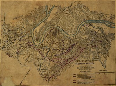 Chattanooga Mapa da batalha entre as forças dos Gens. Grant e Braxton Bragg, travada de 24 a 5 de novembro de 1863. LOC gvhs01.vhs00275 de Robert Knox Sneden