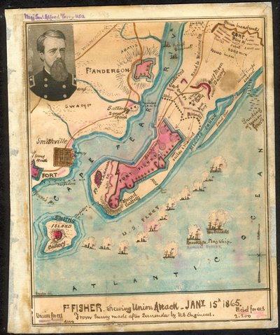 Ft. Fisher mostrando (sic) o ataque da União, 15 de janeiro de 1865 A partir de um levantamento feito após a rendição pelos Engenheiros dos EUA. LOC gvhs01.vhs00185 de Robert Knox Sneden