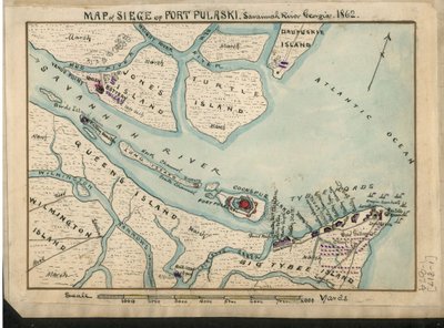 Mapa do cerco do Forte Pulaski - Rio Savannah, Geórgia. 1862. LOC gvhs01.vhs00085 de Robert Knox Sneden