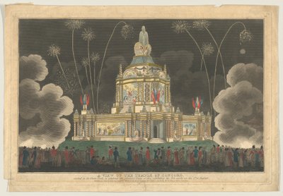 Uma vista do Templo da Concórdia erguido no Green Park, para celebrar o G..., 9 de setembro de 1814. de Robert Laurie