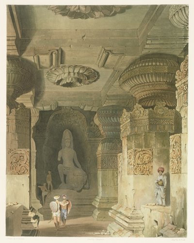 Interior, de, a, caverna, templo, de, indra, subba, em, ellora, de, volume ii, de, paisagem, fantasias, e, arquitetura, de, índia, desenhado, por, David, roberts, (1796-1864), gravado, por, Thomas, Kearnan, (fl.1821-50), e, engrav de Robert Melville Grindlay