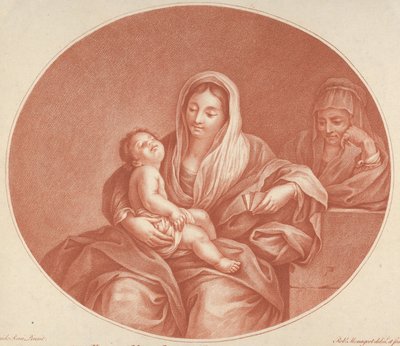 A Virgem sentada com o Menino Jesus dormindo no colo, Santa Isabel à direita, an..., 1776. de Robert Menageot
