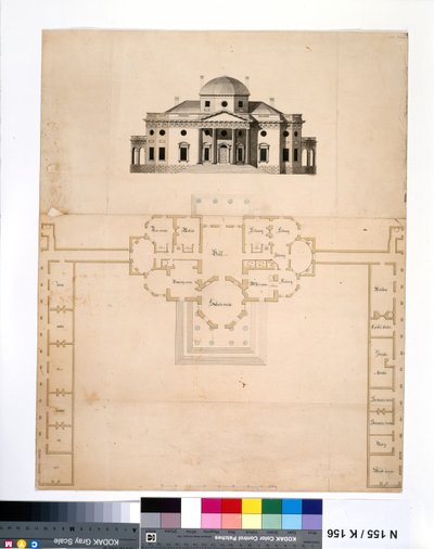 Monticello: 2ª versão (planta e alçado oeste) de Robert Mills