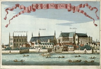 Westminster mostrando a Abadia, o Hall e a Casa do Parlamento, de "Um livro das perspectivas dos lugares notáveis da cidade de Londres", c.1700 de Robert Morden