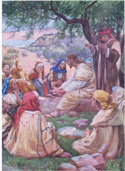 Jesus ensinando seus discípulos a orar, do livro bíblico publicado por Thomas Nelson, c.1950 de Robert Payton Reid